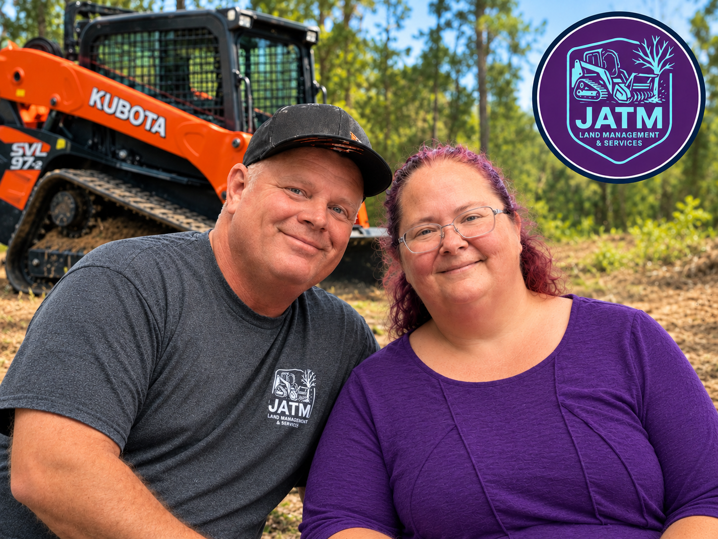 James and Amy Kelley — owners of JATM Land Management & Services, LLC — with their Kubota SVL 97-2